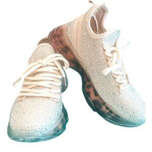 Very G‎ Hella Cream Rhinestone Chunky Sneakers With Leopard Print Sole